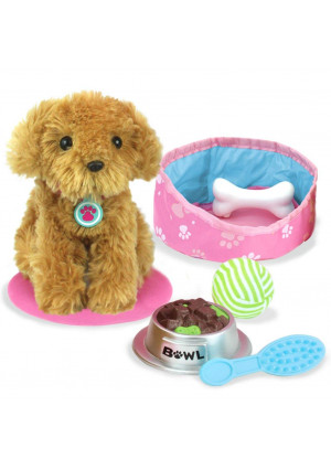 Sophia's 18" Doll Sized Puppy with Bed, Food, Bone and Accessories, Gold, Pink
