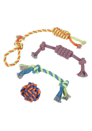 Puppy Chew Toys Dog Rope - Set of 4 for Large, Small Dogs - Durable For Aggressive Chew, Teething - 100% Natural Cotton - Chewer Ball, Dental Pull Rope, Tug of War Toy, Fetching Bone - Best Pet Gift