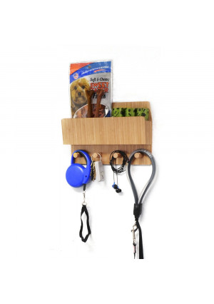 MobileVision Bamboo Pet Supply Organizer All-in-One Wall Mounted Dog Leash Holder/Rack Extra Space Compartment for Storage of pet Essentials Treats/Keys/Toys