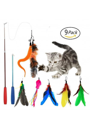 EatronChoi Cat Feather Toy, Cat Toy Wand, 9 pcs Retractable Interactive Cat Teaser Wand Toy Set, Included 2 Wands and 7 Refills Feathers