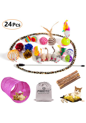 MIBOTE 24Pcs Cat Toys Kitten Catnip Toys Assorted, 2 Way Tunnel, Fish, Interactive Feather Teaser, Fluffy Mouse, Tumble Cage Mice, Crinkle Rainbow Balls Bells Toys for Puppy Kitty