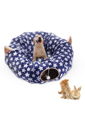 Cat Dog Tunnel Bed with Cushion Tube Toys Plush Large Diameter Longer Crinkle Collapsible 3 Way for Large Cats Kittens Kitty Small Puppy Outdoor 6FT