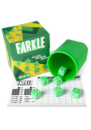 Brybelly Farkle: The Classic Family Dice Game | Set Includes Dice Cup, Set of 6 Green Dice, 25 Scorecards, and Storage Box