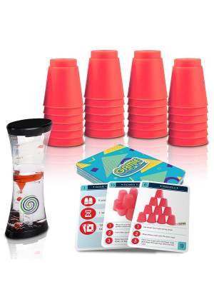 Gamie Stacking Cups Game w/ 18 Fun Challenges and Water Timer, 24 Stacking Cups, Sturdy Plastic, Classic Quick Stacking Cup Game for Kids, Amazing Family Time (Red)