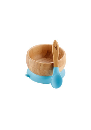 Avanchy Baby Toddler Infant Feeding Bowls | Stay Put Natural Bamboo Suction Bowl + Soft Tip Silicone Spoon Set | BPA Free | Great Kids Food Gift Pack (Blue)