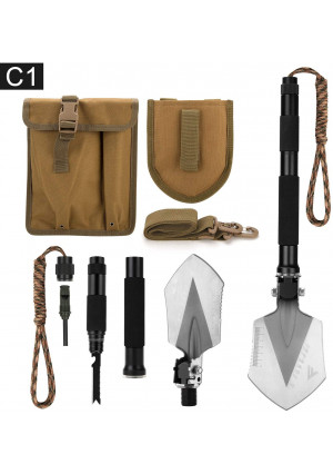 FiveJoy Military Folding Shovel Multitool (C1) - Portable Foldable Survival Tool - Entrenching Backpack Equipment for Hiking Camping Emergency Car - Bushcraft Gear: Shovels and Accessories Tools Kit