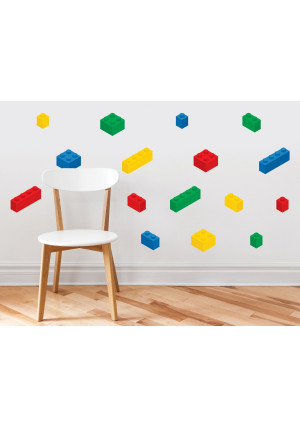 Sunny Decals Lego Inspired Building Blocks Wall Decals - Set of 16 Removable Fabric Kids Wall Stickers, Primary Colors