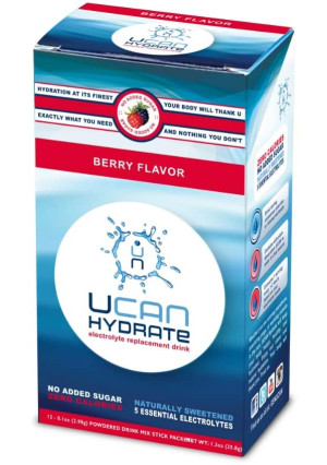 UCAN Hydrate Electrolyte Powder Stick Pack with 5 Key Electrolytes - Berry Flavor. Sugar Free, 0 Carbs, 0 Calories, Gluten-Free, Non-GMO, Vegan, Optimal Hydration (12 Count)