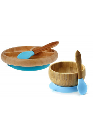 Maven Gifts: Avanchy Baby Feeding Gift Set  Bamboo Stay Put Suction Bowl with Spoon, Blue, and Bamboo Stay Put Suction 3-Section Plate with Spoon, Blue Ages 6 Months and Up