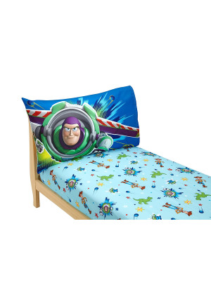 Disney Toy Story Power Up 2 Pack Fitted Sheet and Pillowcase Toddler Sheet Set, Blue/Green