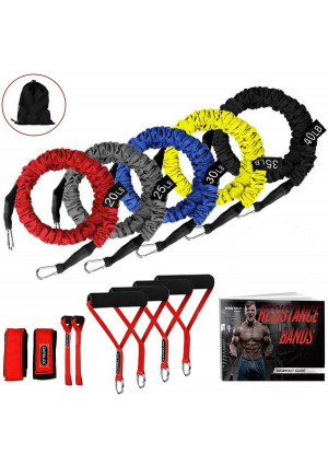 Resistance Bands, 15 Pieces Exercise Elastic Bands Set, 20lbs To 40lbs Resistance Tubes Heavy Duty Protective Nylon Sleeves Anti-Snap Fitness SUPALAK