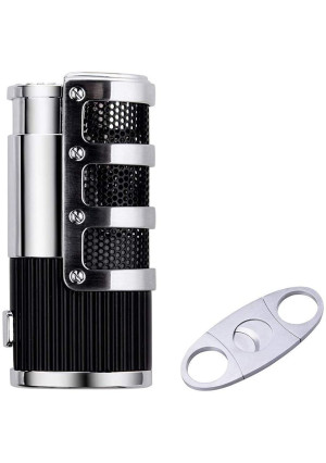 Cigar Cutter and Lighter Set, Cigar Punch Lighter Triple Jet Flame Butane Cigarette Torch Lighter (Black)