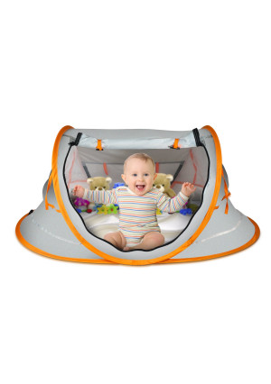 Overcrest Portable Pop Up Baby Beach Tent with UPF 50+ Sun Shade - Protection for Babies from Sunburn and Mosquitos - Lightweight, Compact and Easy Assembly - Includes 2 Pegs and Travel Bag