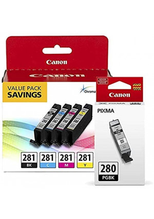 Canon CLI-281 BKCMY 4-Color Ink Tank Value Pack (2091C005) + Canon PGI-280 Pigment Black Ink Tank (2075C001)