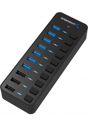 Sabrent 60W 10-Port USB 3.0 Hub Includes 3 Smart Charging Ports with Individual Power Switches and LEDs + 60W 12V/5A Power Adapter (HB-B7C3)