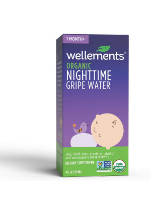 Wellements Organic Nighttime Gripe Water, 4 Fl Oz, Eases Baby's Stomach Discomfort, Free from Dyes, Parabens, Preservatives