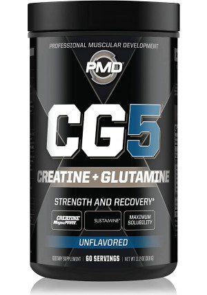 PMD Sports CG5 - Premium Creatine and L Glutamine Formula - Maximum Strength Power Recovery, Build Lean Muscle, Increase Workout Performance - Pre Workout and Post Workout - Unflavored (60 Servings)