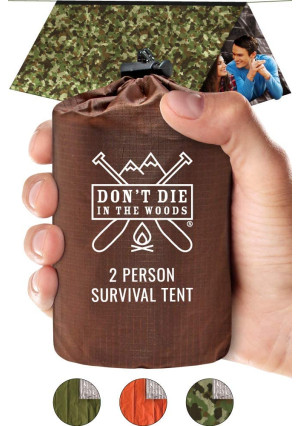 Don't Die In The Woods World's Toughest Ultralight Survival Tent  2 Person Mylar Emergency Shelter Tube Tent + Paracord  Year-Round All Weather Protection for Hiking, Camping, Outdoor Survival Kits