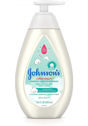 Johnson's CottonTouch Newborn Baby Wash and Shampoo with No More Tears, Hypoallergenic and Paraben-Free Moisturization for Sensitive Skin, Made with Real Cotton, 13.6 fl. oz