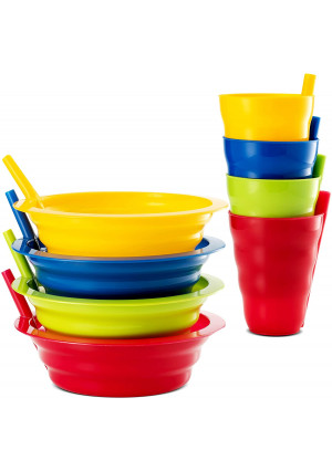 Plaskidy Cereal Bowls with Straws and Kids Straw Cups - Set of 4 Bowls with Straws for Kids, and 4 Straw Cups for Kids BPA Free Dishwasher Safe Great for Kids and Toddlers