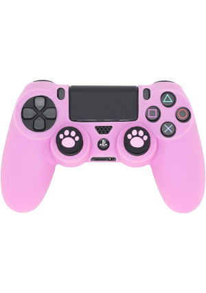 PS4 Controller Skin, BRHE Anti-Slip Grip Silicone Cover Protector Case Compatible with PS4 Slim/PS4 Pro Wireless/Wired Gamepad Controller with 2 Cat Paw Thumb Grip Caps (Pink)