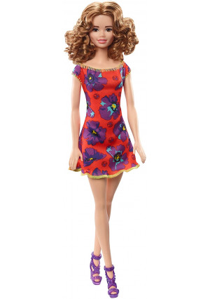 Barbie GBK92 Doll, Light Auburn Curly Brunette Wearing Red and Purple Floral Dress
