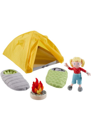 HABA Little Friends Camping Play Set - Includes Tent, 2 Reversible Sleeping Bags, Campfire and 4" Little Friends Bendy Girl Doll