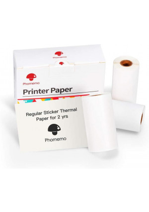 Phomemo White Self-Adhesive Thermal Paper, Glossy Printable Sticker Paper for Phomemo M02/M02 Pro/M02S Bluetooth Pocket Mobile Printer, Black on White, 50mm x 3.5m, Diameter 30mm, 3-Rolls