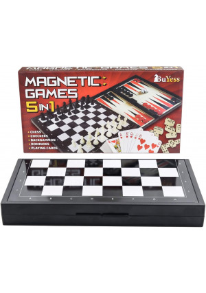 5 in 1 Magnetic Travel Chess, Checkers, Dominoes, Backgammon, Cards Set 9.8" x 9.8" Mini Board Games