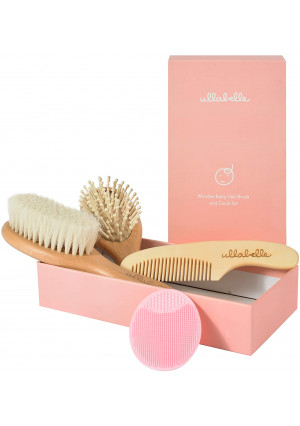 Ullabelle 4 Piece Wooden Baby Hair Brush and Comb Set for Newborns and Toddlers in Chic Gift Box - Ultra Soft Natural Goat Hair and Wood Baby Brush Set Prevents Cradle Cap - Perfect Registry Gift (Pink)