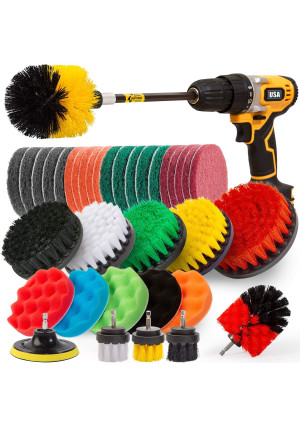 Holikme 37Piece Drill Brush Attachments Set,Scrub Pads and Sponge, Power Scrubber Brush with Extend Long Attachment All purpose Clean for Grout, Tiles, Sinks, Bathtub, Bathroom, Kitchen,Yellow and black