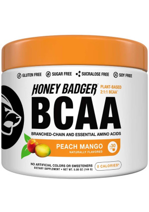 Honey Badger Vegan Keto BCAA + EAA Electrolyte Powder | Peach Mango | Natural Gluten Free Amino Acids Essential Aminos Sugar Free + Sucralose Free | 30 Servings