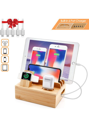 Bamboo Charger Station for Multiple Devices Sendowtek 6 in 1 USB Charging Station with 5-Port for Cell Phone Tablet Electronic, Watch Stand Earbuds Docking Station Organizer-5 Mixed Cables Included