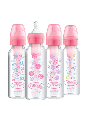 Dr. Brown's Options+ Baby Bottles, 8 oz/250ml, Narrow Bottle, Pink Floral Designs, 4 Pack