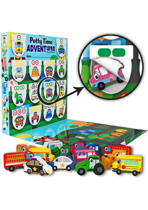 LIL ADVENTS Potty Time Adventures Potty Training Game - 14 Block Wood Toys, Chart, Activity Board, Stickers and Reward Badge for Toilet Training, Busy Vehicles