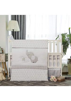 La Premura Baby Elephants Nursery Crib Bedding Sets  Gray Elephants and Puppy 3 Piece Standard Size Grey Crib Set - Unisex Nursey Bedding and Neutral Decor