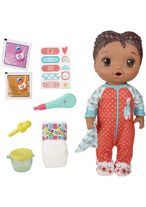 Baby Alive Mix My Medicine Baby Doll, Llama Pajamas, Drinks and Wets, Doctor Accessories, Black Hair Toy for Kids Ages 3 and Up