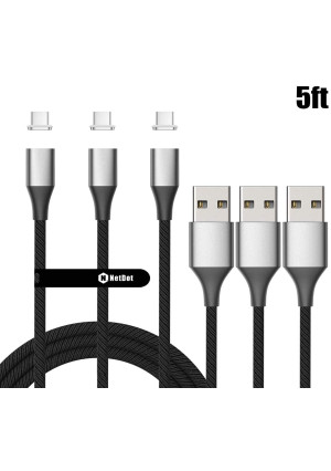 NetDot Gen10 USB-C Type-C Magnetic Cable Support Fast Charging and Data Transfer Nylon Braided (5Ft/ 3 Pack, Silver)