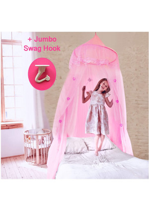 EVEN NATURALS Princess Bed Canopy for Girls, with Lace Dome and Hearts (Easy Hanging System), Birthday Gift, Mosquito Netting for Crib up to Twin Size Girls Bed