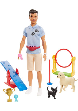 Ken Dog Trainer Playset with Doll, 2 Dog Figures, Hoop Ring, Balance Bar, Jumping Bar, Trophy and 2 Winner Ribbon