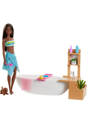 Barbie Fizzy Bath Doll and Playset, Brunette, with Tub, Fizzy Powder, Puppy and More, Gift for Kids 3 to 7 Years Old