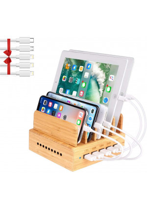 OthoKing Bamboo Charging Station, Wood Charging Station for Multiple Devices with 5 Ports USB Charger Docking Station for iPhone, iPad,Tablet, and Android Cell Phone