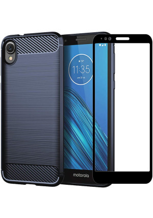 PhuLok Moto E6 Case, Motorola E6 Case, with Tempered Glass Screen Protector, Slim Thin Soft TPU Rubber Bumper Rugged Durable Protective Case for Motorola Moto E6 2019 (Navy Blue)