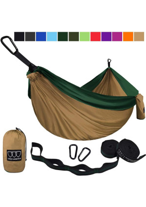 Gold Armour Camping Hammock - USA Brand Single Parachute Hammock (2 Tree Straps 10 Loops/20 ft Included) Lightweight Nylon Portable Adult Kids Best Accessories Gear (Khaki and Green)