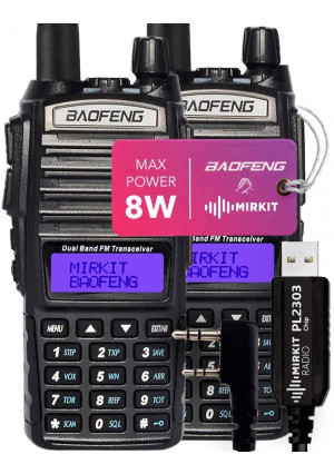 Pack 2Pc Mirkit BAOFENG Radio UV-82 MK5 8 Watt MP Max Power UHV VHF Dual Band Two Way Radio with Programming Cable PL2303