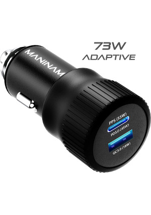 MANINAM Metal USB C Car Charger [73W Turbo] Type C Car Charger, 55W PPS Latest Tech Adapter [Super Fast Charging 2.0] for Samsung S20 Note 20 Ultra 10 Plus, 45W PD MacBook, USB C Devices Laptop Tablet