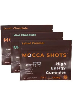 Mocca Shots Chocolate Caffeine Gummies Variety Pack (3 packs, 3x2 shots, 200mg caffeine/serving); Vegan, Gluten Free, All Natural, Made in USA; Energy chew, Vitamin Bs, Gingko (Seattle Gummy Company)