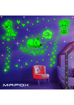 Glow in The Dark Cat Stickers with Dog and Fish, Wall Decals Sticker for Kids Bedding Room, Great for Birthday Gift Glowing Cat for Girls and Boys