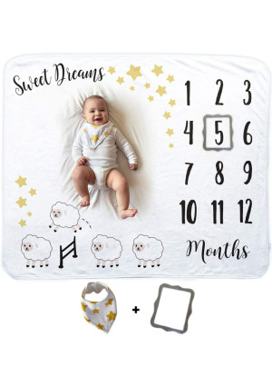 Baby Monthly Milestone Blanket | Includes Bib and Picture Frame | 1 to 12 Months | Premium Extra Soft Fleece | Best Photography Backdrop Photo Prop for Newborn Boy and Girl