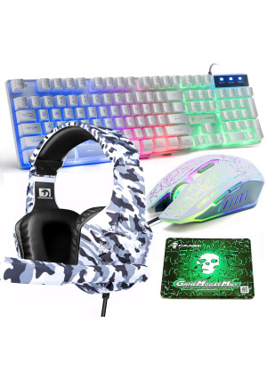 Gaming Keyboard and Mouse,4 in 1 Gaming Combo,Rainbow LED Backlit Wired Keyboard,2400DPI 6 Button Optical Gaming Mouse,Gaming Headset,Gaming Mouse Pad for PC Gaming(White)